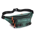 Waterproof nylon men's fanny pack in dark green with orange zipper accents - Dark Green