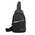 Sleek black waterproof nylon crossbody chest bag with multi-zipper layers and sporty strap - Black