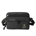 Multi-compartment black nylon crossbody bag for men with yellow brand logo patch - Black