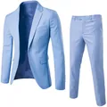 Slim fit two-piece light blue business suit set for men featuring flat lapel blazer and pants - 3XL / Top And Bottom / Light Blue