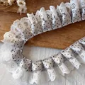 Polka dot satin and white lace pleated trim for elegant DIY sewing and dress making - Length 1m Width ~3.5cm / Gray