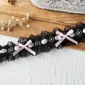 Encaje Lolita negro con lazos de satén rosa para proyectos de bricolaje y accesorios - Negro con cinta rosa
