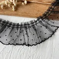 Bordo in pizzo mesh nero a pois con volant plissettati per cucito fai-da-te e vestiti - Nero