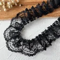 Elegant black pleated lace trim with floral mesh embroidery for DIY garment sewing crafts - Width Approx 3cm / Black