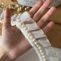 Weiße plissierte Organza-Spitze mit Golddrahtkante und weißen Perlen für DIY-Nähen - Perlenimitat Plissee Stil (G)