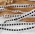 Black and white elastic lace trim with scalloped edges for DIY sewing and doll clothes - White with Black
