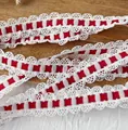 Elastic lace trim in red and white woven design for DIY doll clothes decoration - White with Red