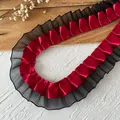 Detail of red satin and black pleated mesh lace trim for DIY skirt hem and crafts - Red Black Double Layer Style (5772113518133)