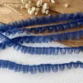 Detailed macro view of navy blue pleated organza lace trim for DIY garment crafts - No.29 Organza Ruffle (A) / Width Approx 1.3cm Length 5m / Navy Blue