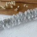 Silver grey pleated lace trim with satin and organza layers for DIY dress decoration - Elastic Organza Composite Pleated Style
