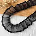 Black pleated organza lace trim with satin edge for DIY sewing and dress decoration - Black