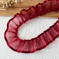 3.2cm burgundy pleated organza lace trim with satin edge for DIY dress and sewing - Red