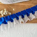 Royal blue pleated satin lace ribbon with white mesh trim for DIY clothing crafts - Blue And White Spliced Ruffle Trim (1#)