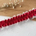 Pizzo elastico a doppio strato in raso rosso e organza bianca con volant per cucito DIY - Rosso & Bianco
