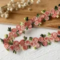 Rosa und rote Blumenstickerei Spitze mit grünen Blättern für DIY Lolita Kleidung - 3D Bestickt Hellrosa Serie (sr)