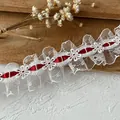 White pleated mesh lace trim with red satin ribbon and floral embroidery for DIY crafts - No. 12 White Lace Red Ribbon Style (5783443883774)