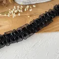 Pizzo elastico nero a doppio strato arricciato con raso per decorazioni di abbigliamento - Nero