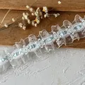 Braune Rüschenspitze mit hellblauem Band und weißen Blumenstickereien im Detail - Standardstil / Himmelblau