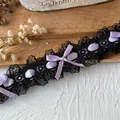 Encaje negro de estilo Lolita francesa con lazos de raso morados para proyectos DIY - Negro con lazo de cinta púrpura