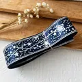 Ruban de satin bleu foncé avec étoiles et lunes argentées pour emballage cadeau - Style Court / Bleu marine
