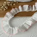 White pleated lace trim with pink scalloped edges for DIY doll clothes and crafts - No.17 Chiffon Pink Edge