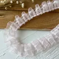 Light pink ruffled lace trim with white floral embroidery for DIY doll clothes craft - No.25 Embroidered Pleated Pink