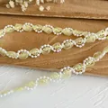 Yellow organza ruffled lace trim with white faux pearls for DIY dress embellishments - Pearl Embellished Style 15 (A-15)