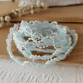 Light blue organza ruffle trim with white faux pearls for DIY sewing and dress decorating - No.24 Rose Pearl Strip (A) / Length 1m Pearl Rose Decor / Light Blue