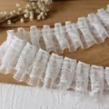 White pleated double-layer lace trim with floral embroidery for DIY sewing crafts - Embroidered Pleated Lace (Style-22) / White
