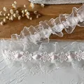 Pink ribbon lace trim with white floral embroidery for DIY doll clothes and crafts - No.31 Threaded Ribbon Lace