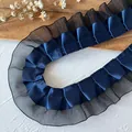 Navy blue and black double-layer pleated lace trim with satin and mesh for DIY sewing - No.25 Double Layer Satin Mesh (A) / Width Approx 4cm Length 3m / Navy Black