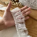 White pleated mesh lace trim with floral patterns for DIY sewing and crafts - White