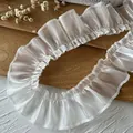 White organza ruffled lace trim with pleated edges for DIY sewing and doll clothing - White