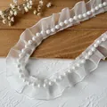 White organza pleated lace trim featuring elegant central faux pearls for DIY crafts - Pearl Inlaid Pleat (Style-11) / White