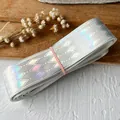 Holographic diamond pattern ribbon roll with iridescent finish for DIY craft projects - White Silver