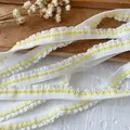White ruffled elastic lace ribbon with yellow stripe for DIY sewing and crafts - Yellow