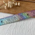 Holographic gradient ribbon with mandala patterns and purple stitching on wood - Purple Red Silver Mystical Pattern / Long Style