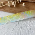 Holographic laser ribbon featuring yellow-blue gradient and elegant rose flower patterns - Plain Silver / Yellow White Silver Pattern / Long Roll