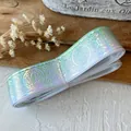 Iridescent laser ribbon roll with geometric patterns for DIY handmade decor and gift wrapping - Green White Silver Mystical Pattern / Standard Style