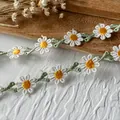 French style daisy floral embroidery lace ribbon with white petals and green leaves - Yellow Daisy