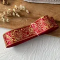 Cinta de satén roja retro con rosas y pájaros dorados para decoración artesanal - Rojo Patrón Oro