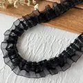 Elegant black pleated lace mesh ribbon trim for DIY dress decorating and clothing crafts - Black