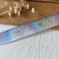 Holographic ribbon with laser geometric patterns and iridescent purple gold gradients - Dark Blue White Silver Mystical Pattern / Long Style