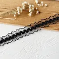 Black pleated lace ribbon trim with small floral embroidery for DIY sewing projects - Double Sided Ruffled Style / Black