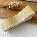 White decorative ribbon with gold geometric stars and floral patterns in a roll - White Gold Mystical Pattern / Standard Style
