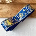 Navy blue ribbon featuring gold celestial moon and star prints for DIY craft projects - Standard Roll / Royal Blue With Gold Star Moon