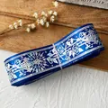 Dark blue satin ribbon with silver rose floral pattern and stars for DIY crafts - Sapphire Blue