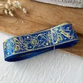 Cinta azul real con estampados dorados de rosas y aves para manualidades DIY - Azul Real Patrón Oro