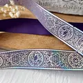 Deep purple ribbon with holographic occult symbols like hexagrams and mushrooms for DIY - Magic Purple Silver Mystical Pattern / Standard Style