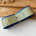 Blue embroidered ribbon with gold geometric patterns for DIY craft and bag decoration - Royal Blue Gold Mystical Pattern / Standard Style